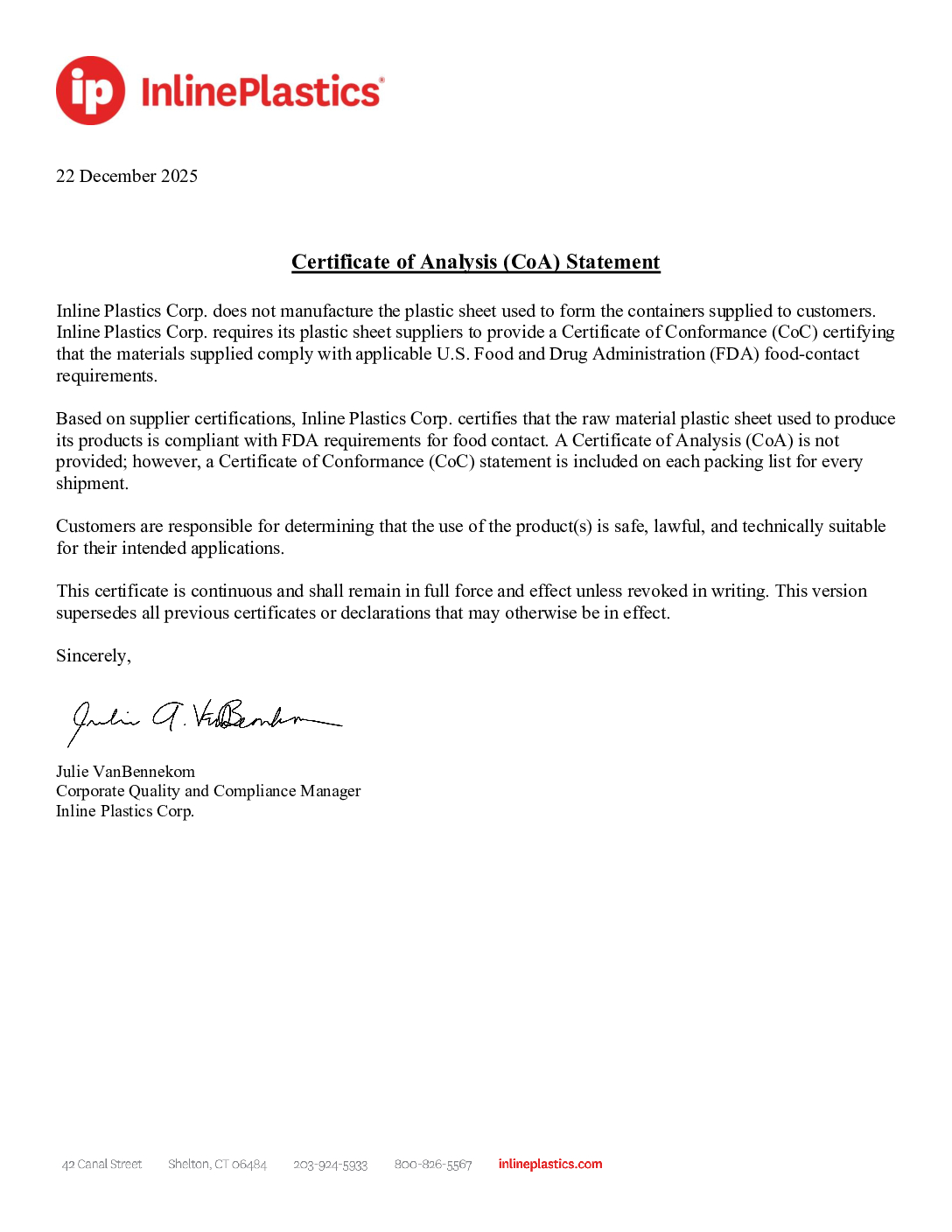 Letter for Certificate of Analysis (COA)
