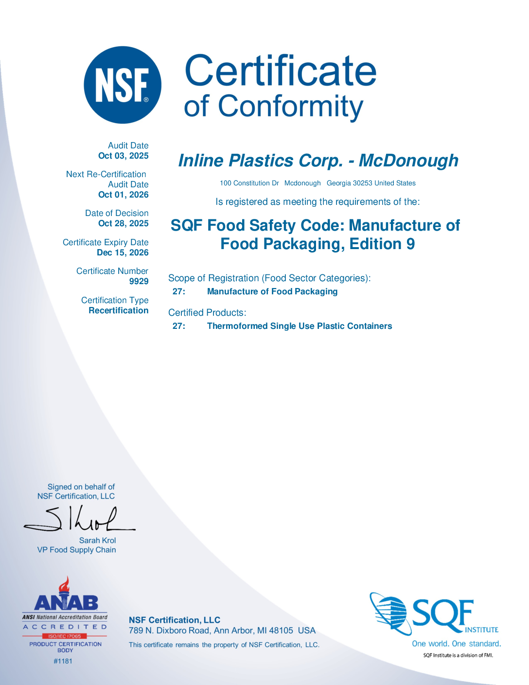SQF Certificate, Inline Plastics, McDonough, 2025-2026