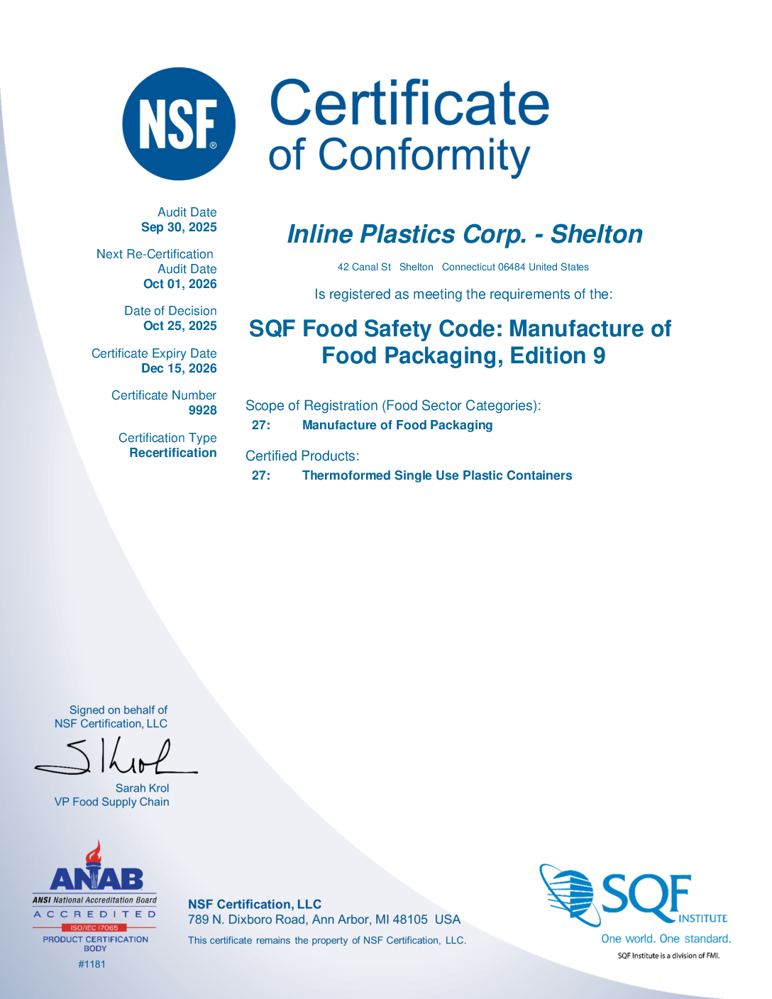 SQF Certificate, Inline Plastics, Shelton, 2025-2026