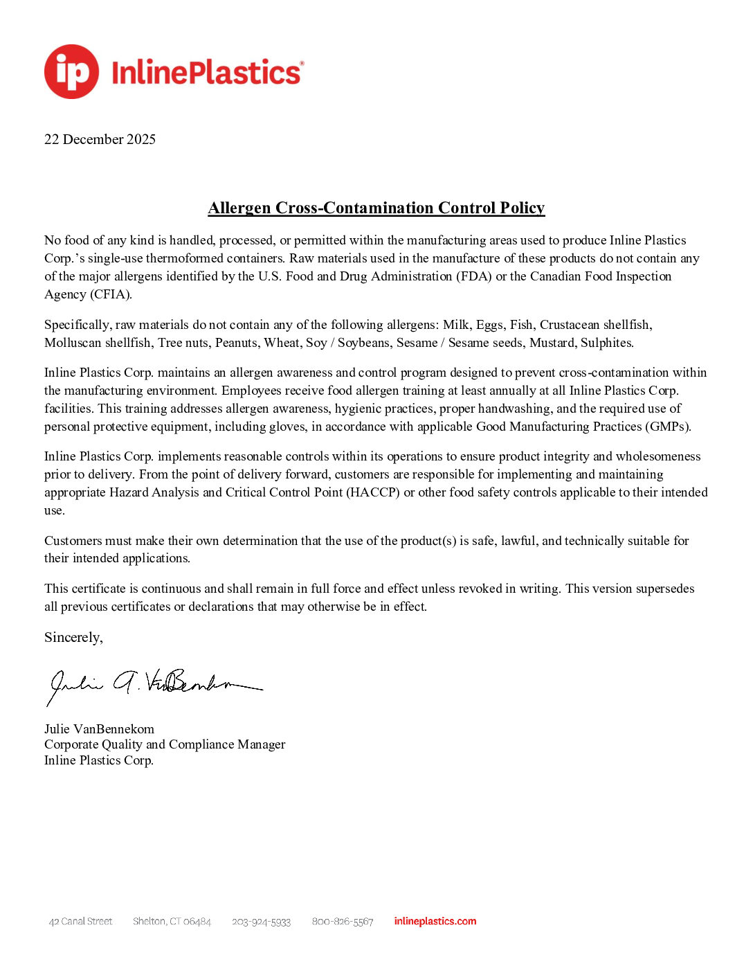 Letter for Allergens