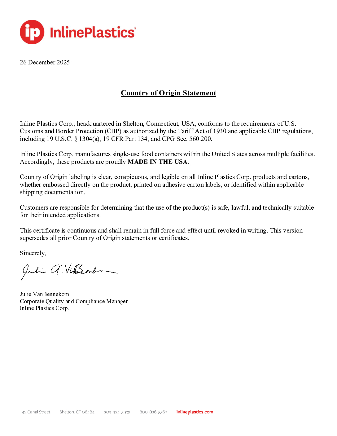 Letter for Country of Origin