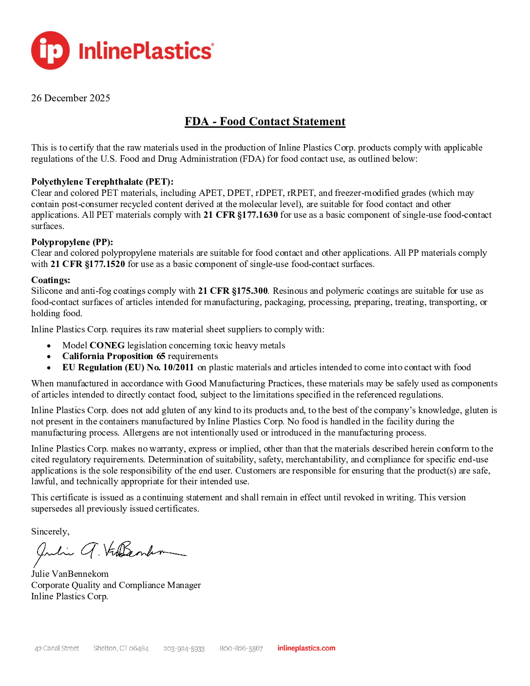 Food Contact Letter for PET and Polypropylene