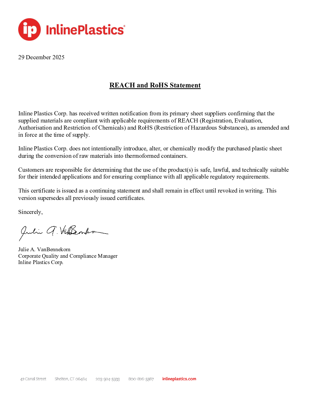 Letter for REACH and RoHS Compliance