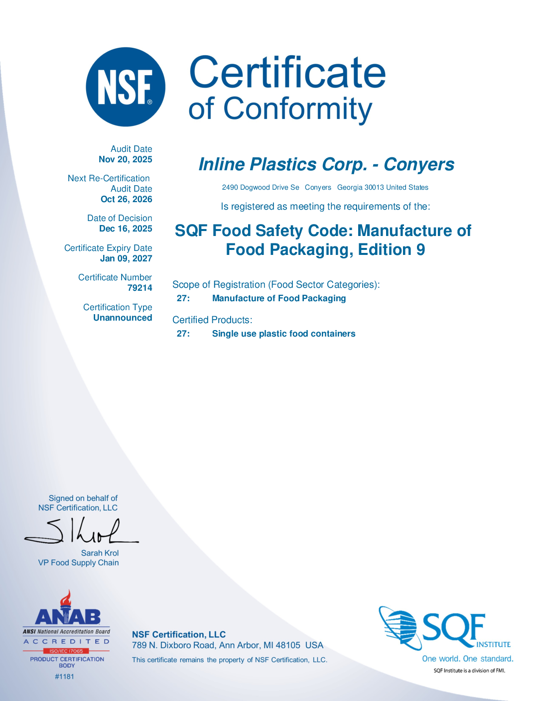 SQF Certificate, Inline Plastics, Conyers, 2025-2026