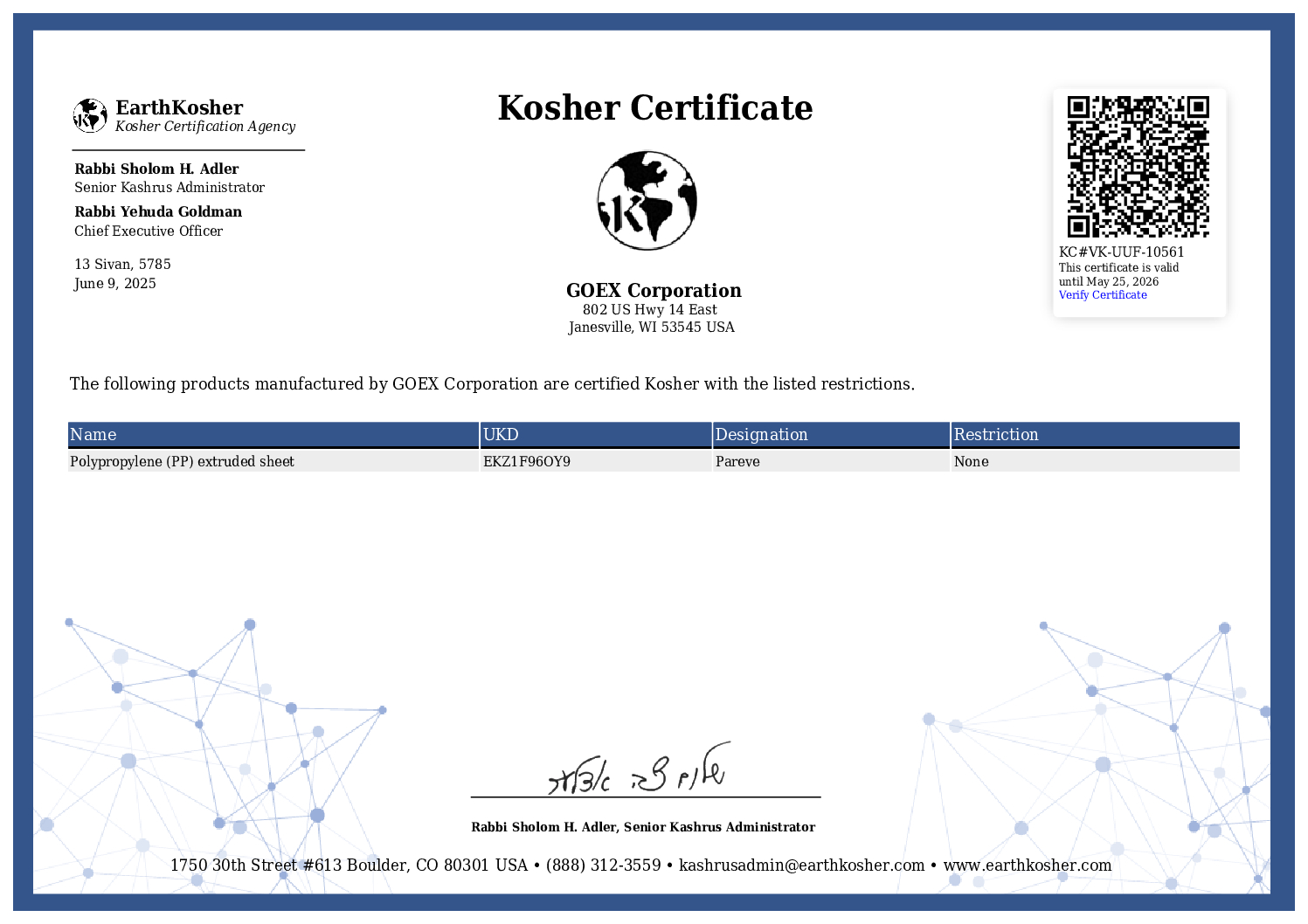 Kosher Certificate – PP