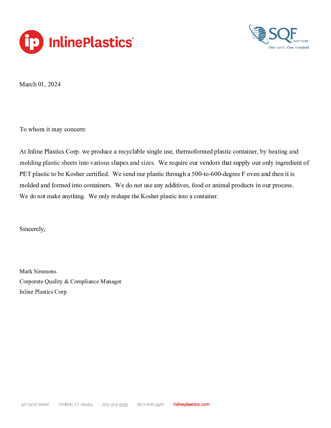 Letter of Kosher Certification