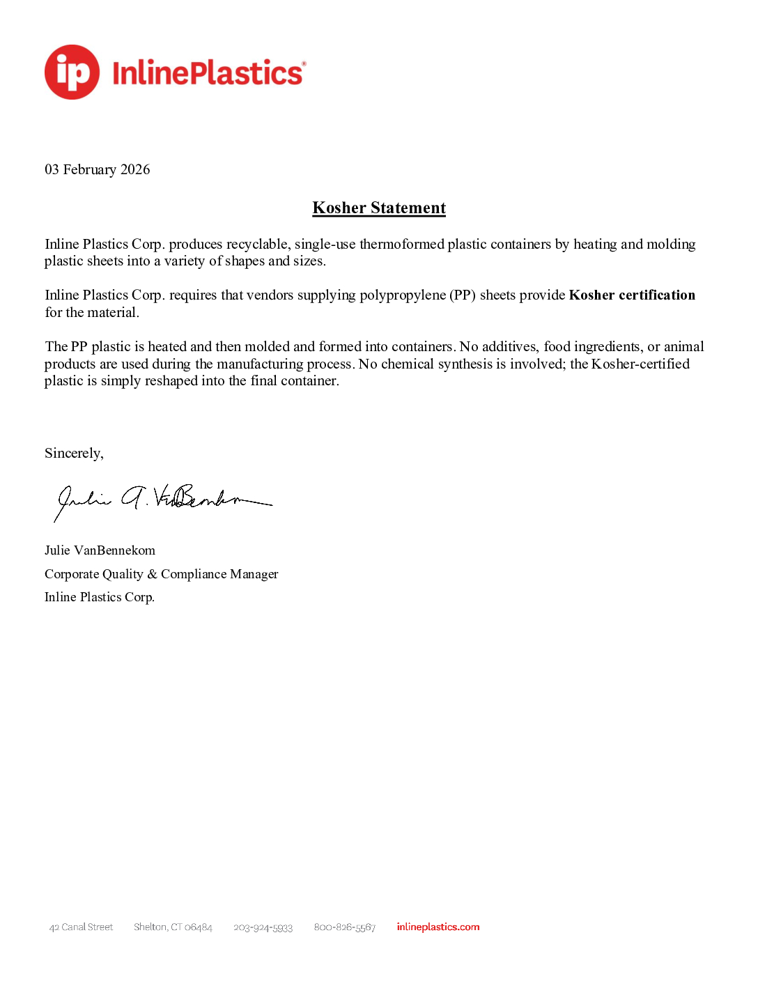 Letter of Kosher Certification- PP