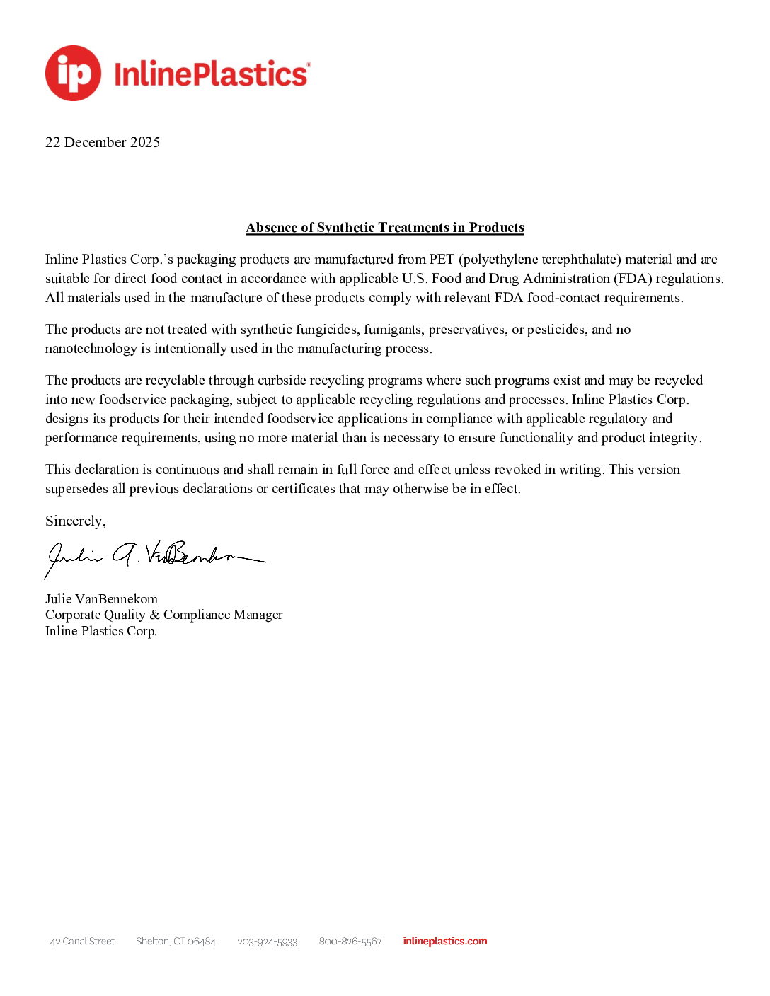 Letter for Absence of Synthetics