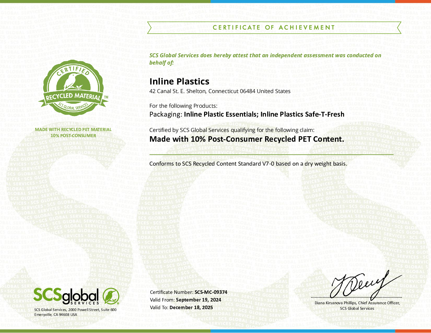 SCS Recycled Content Certification 2024-2025