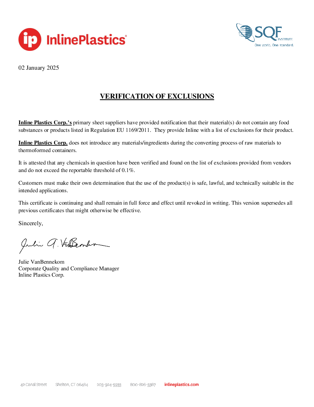 Letter of Verification of Exclusions
