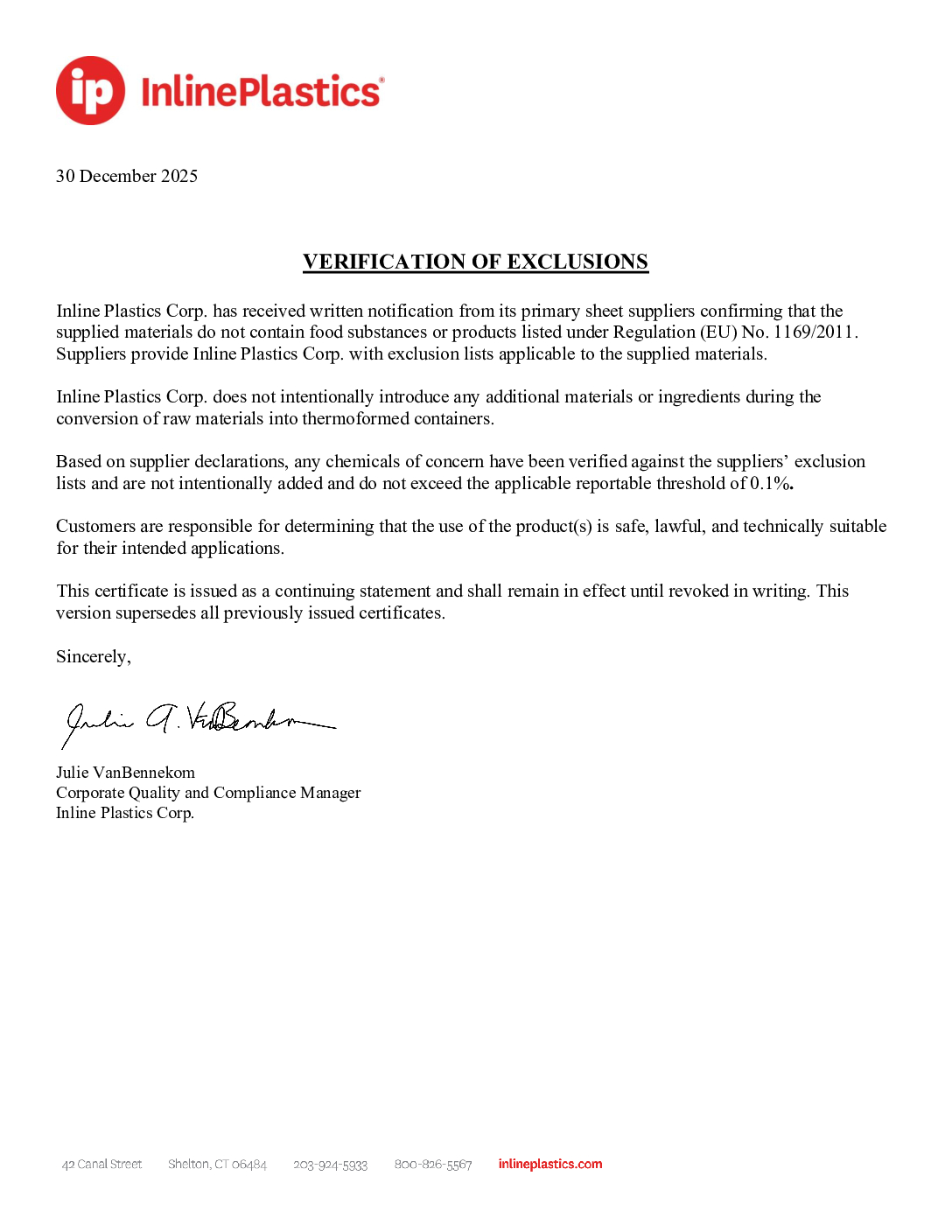 Letter of Verification of Exclusions