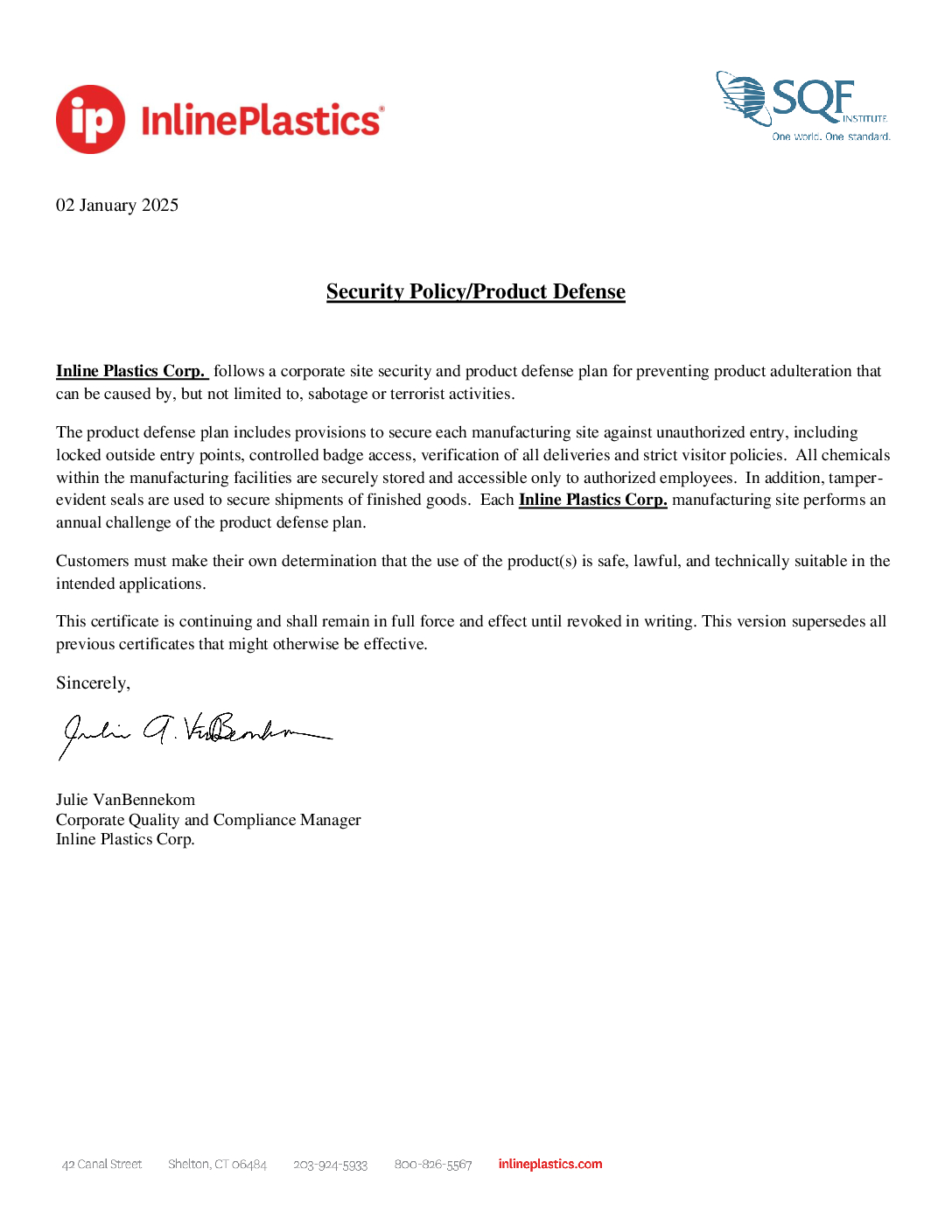 Security and Product Defense Statement