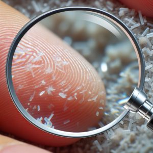 Close-up of a finger with a magnifying glass