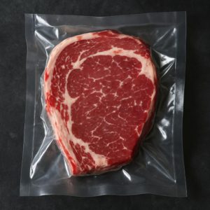 A raw steak in a plastic bag