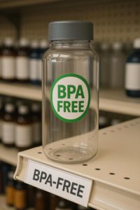 a glass bottle with a BPA free sticker on it. 