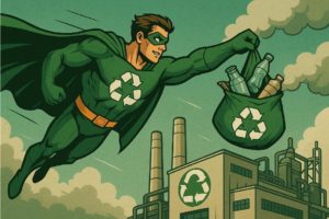R-Man, the recycling superhero flying with recycling 