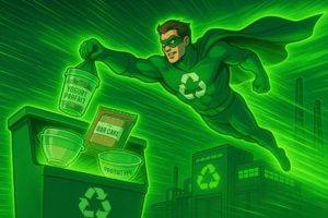 R-Man, the recycling superhero flying with recycling 
