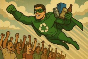 R-Man, the recycling superhero flying with a bag of recycling 