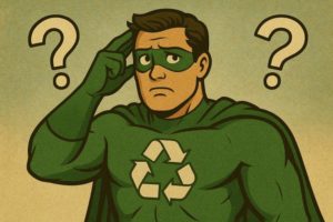R-Man, the recycling superhero looking confused