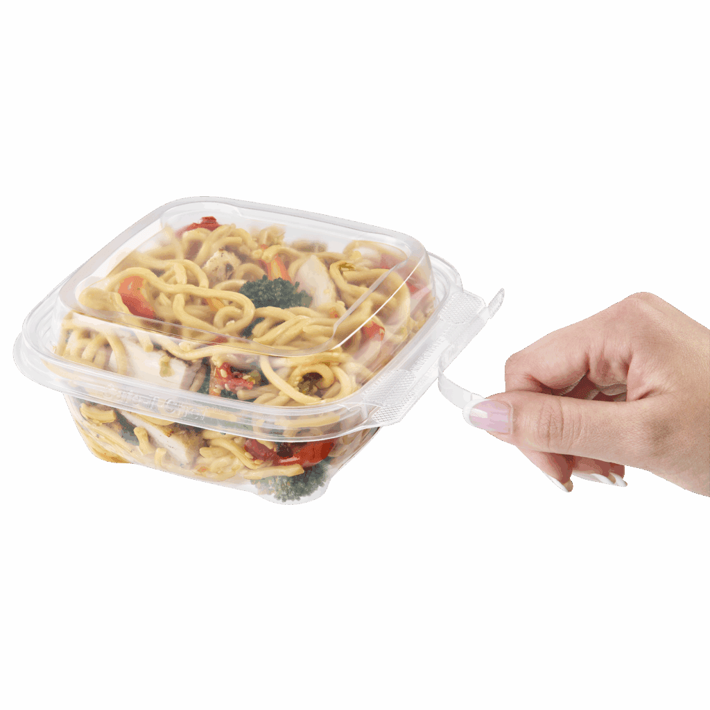 C5516WD container containing lo mein and the tear stripe being pulled.