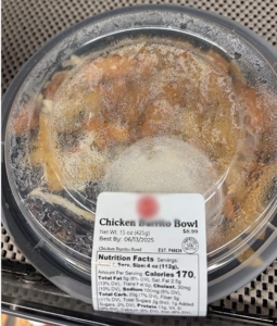 food inside a plastic package with condensation.
