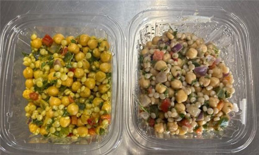 Two chicpea salads side-by-side that are different colors from light degredation