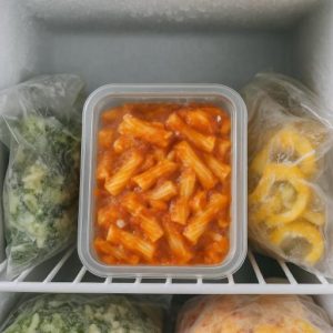 food frozen in a plastic package in a freezer. packaging in freezers 