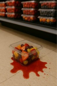 fruit spilled on the floor of a grocery store