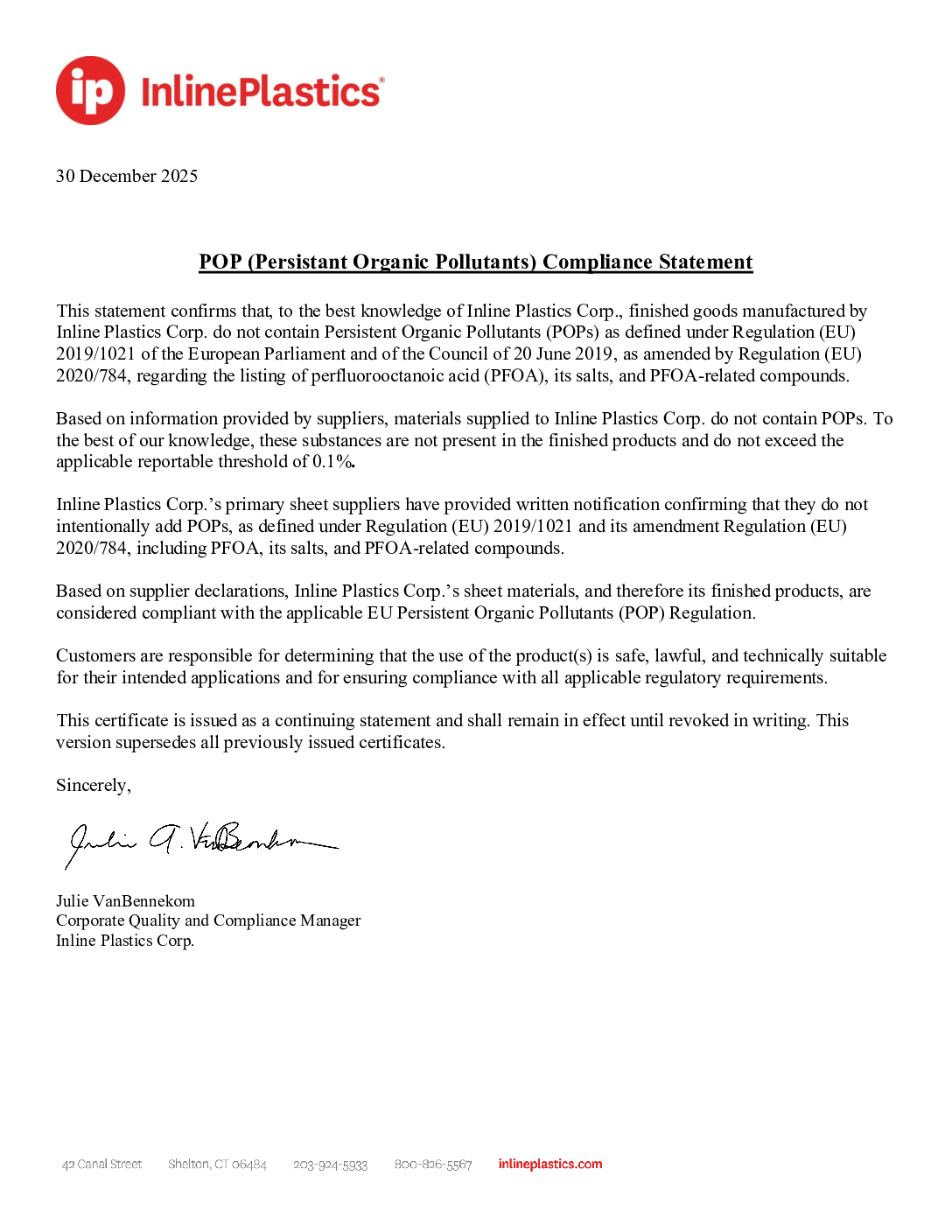 POP Absence Compliance Statement