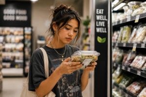 Gen Z woman reading the back of a package 