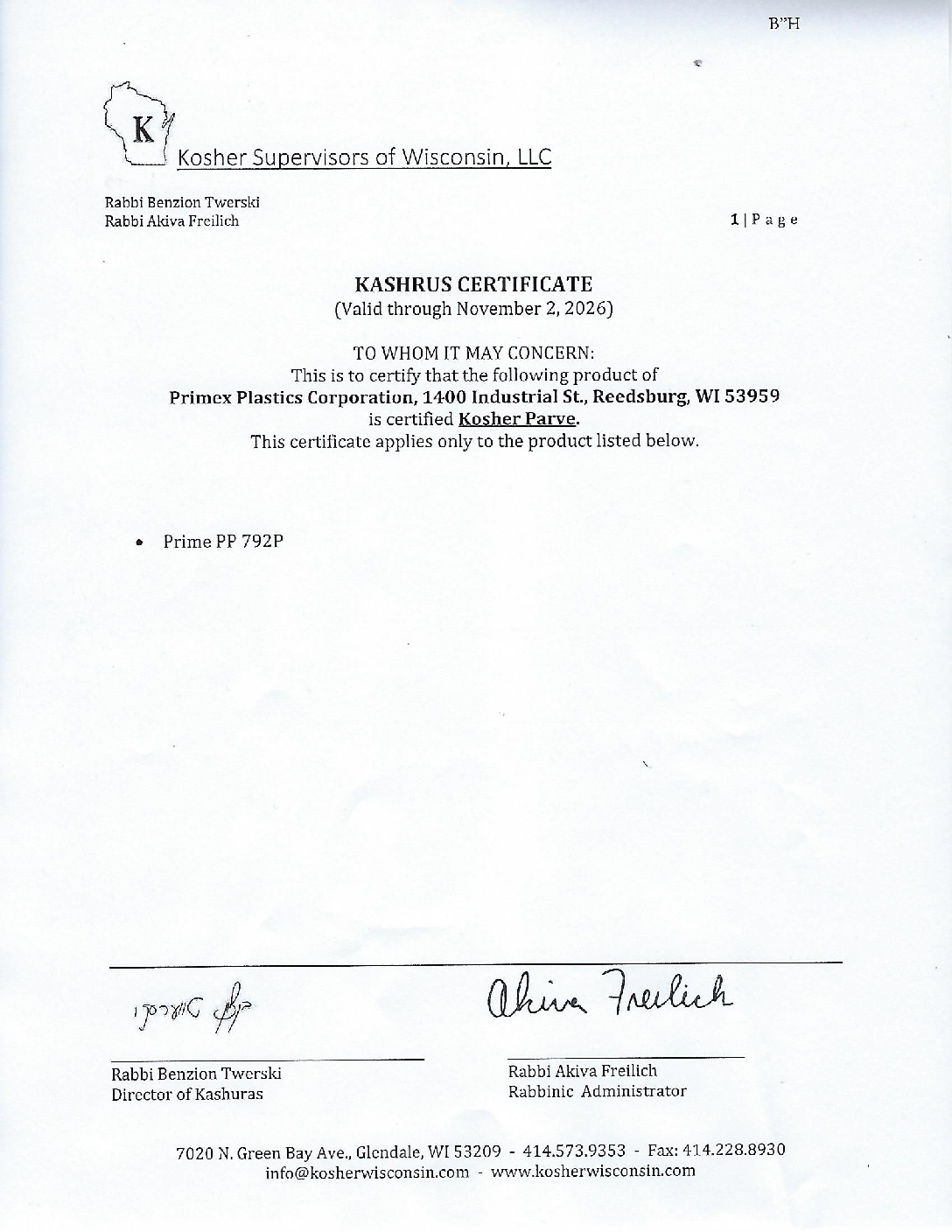 Letter of Kosher Certification- PP Supplier