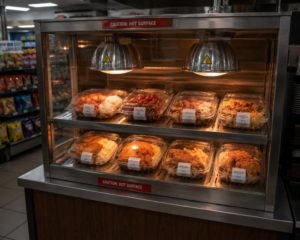 Hot prepared food under heat lamps