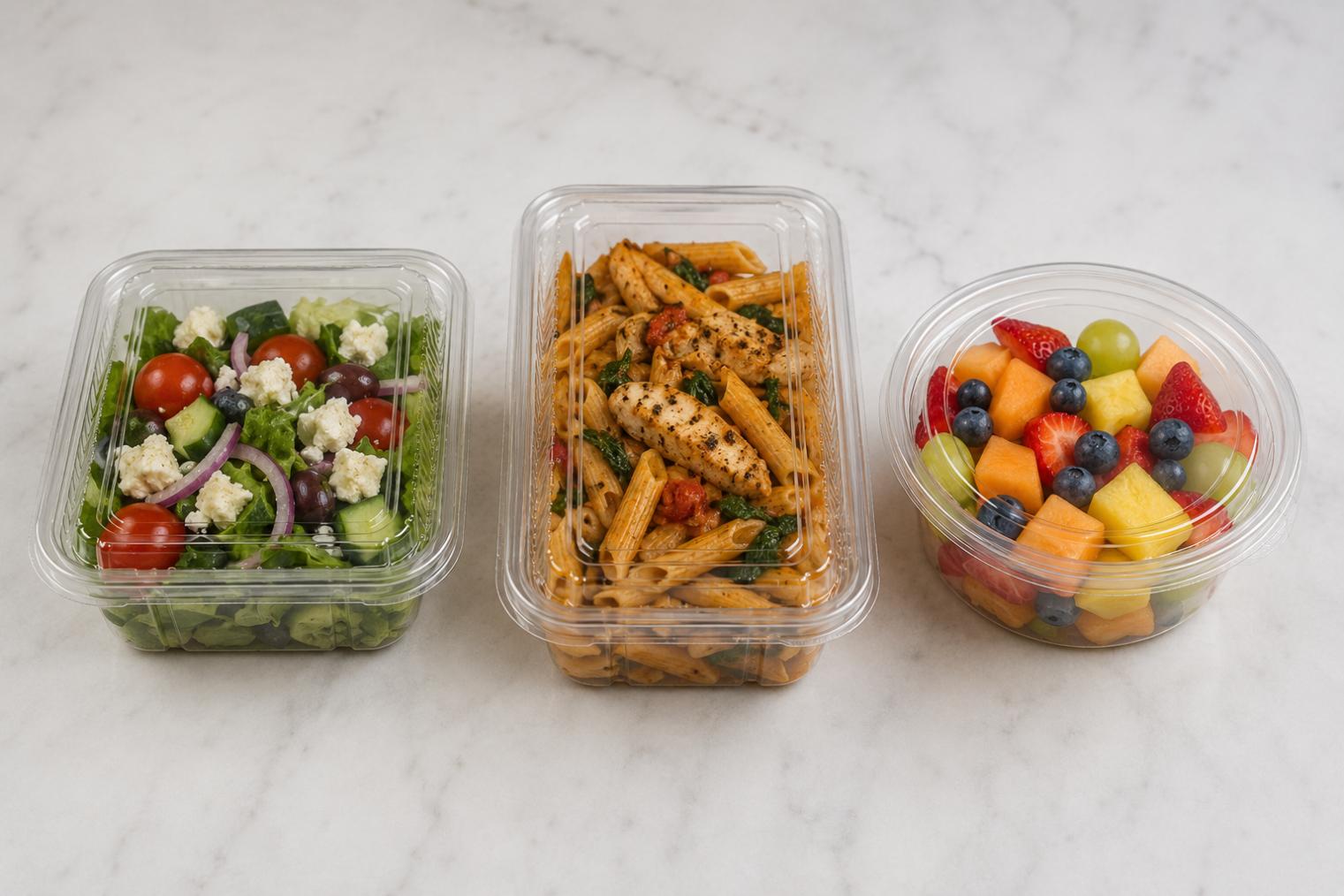square, rectangular, and round plastic packaging with food inside.